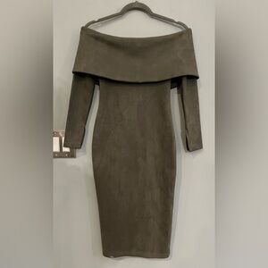 AKIRA OLIVE GREEN SUEDE OFF THE SHOULDER BODYCON MIDI DEESS
